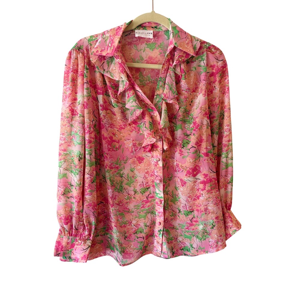 First Love by Lovelyn Pink Floral Ruffle V-Neck Button Front Blouse Top